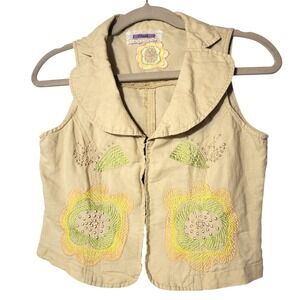 Event Kids Tan Ramie/Cotton Embroidered Floral Collared Vest Hook Eye Size 5